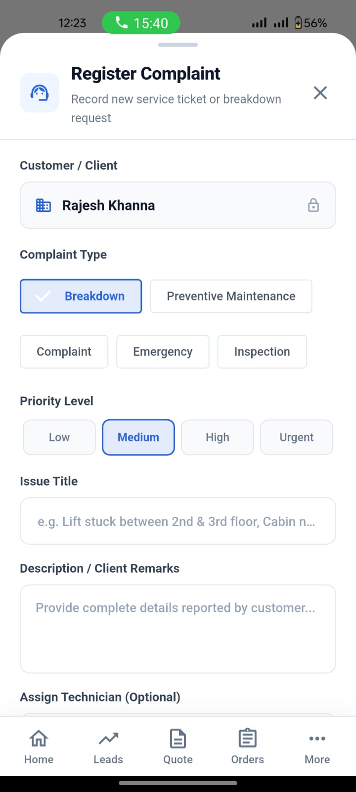 Breakdown Management Mobile Screen
