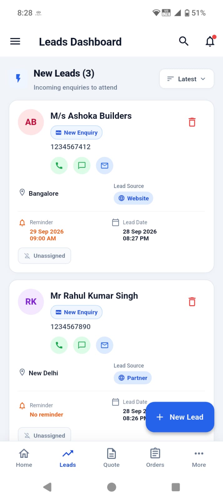 Lift Sales Lead Management Mobile Screen