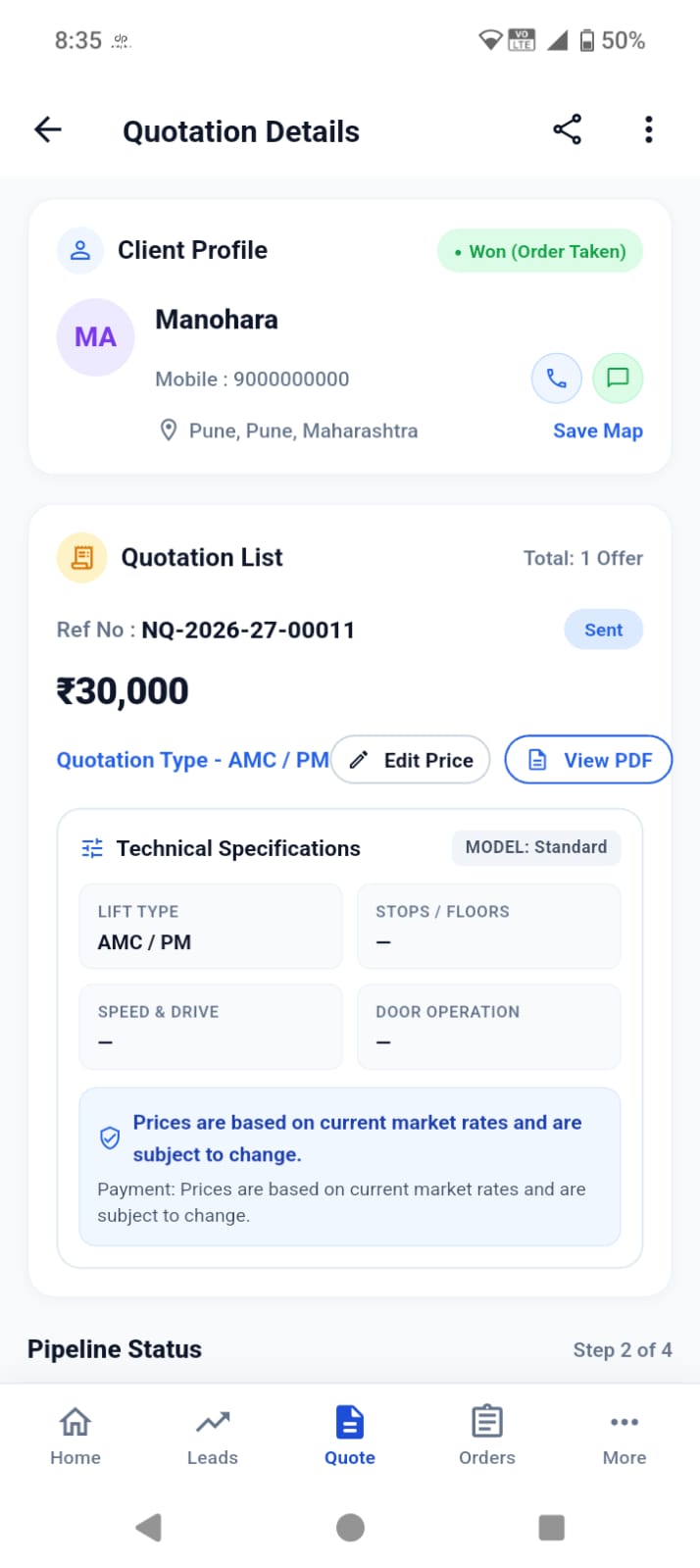 Quotation Management Mobile Screen